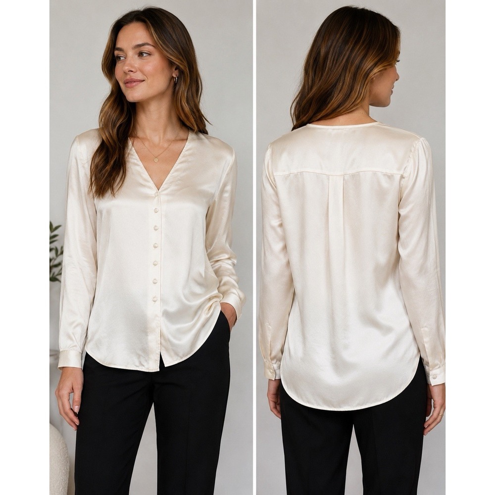 Spenser Jeremy 100% Silk Ivory Button Front Blouse Women's Size 10 Long Sleeve